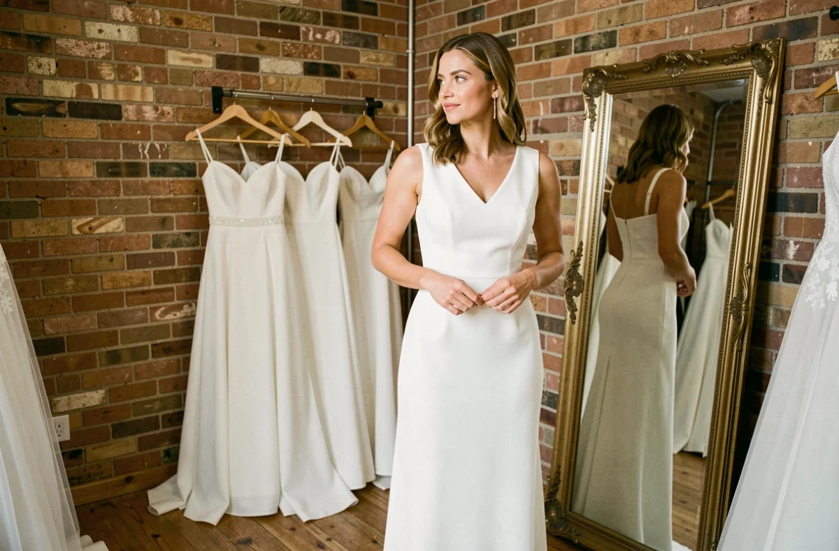 Femme essayant une robe de mariée simple en crêpe blanc dans une boutique de mariage indépendante, ambiance authentique