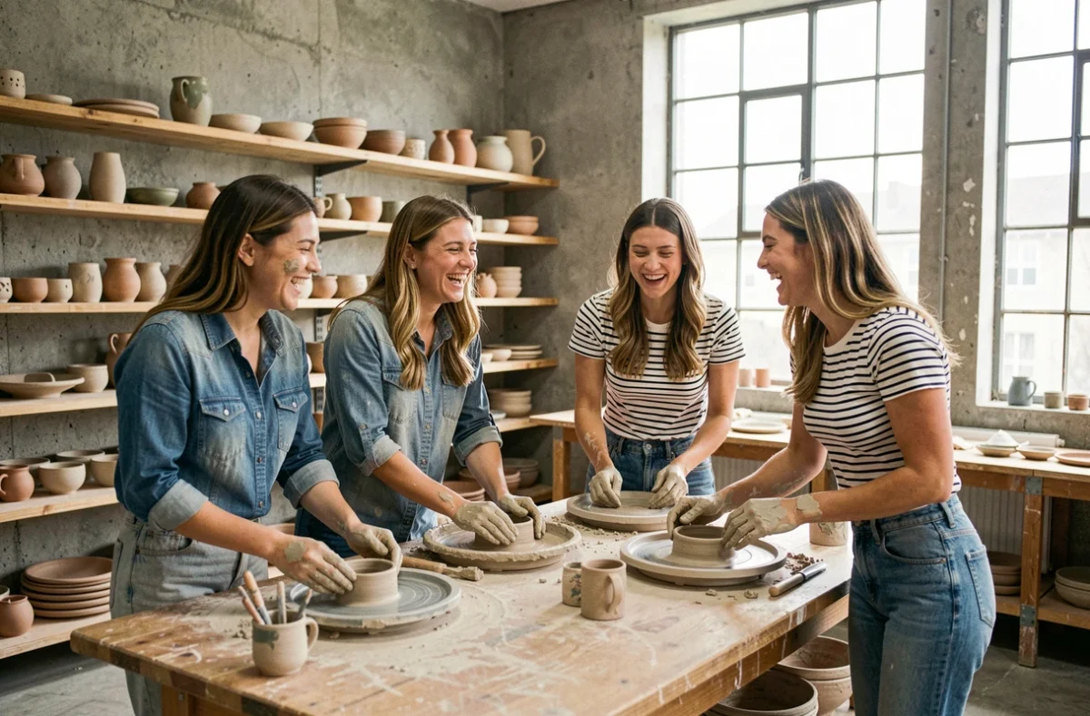 Groupe d'amies faisant un atelier poterie pour un enterrement de vie de jeune fille original sans déguisement