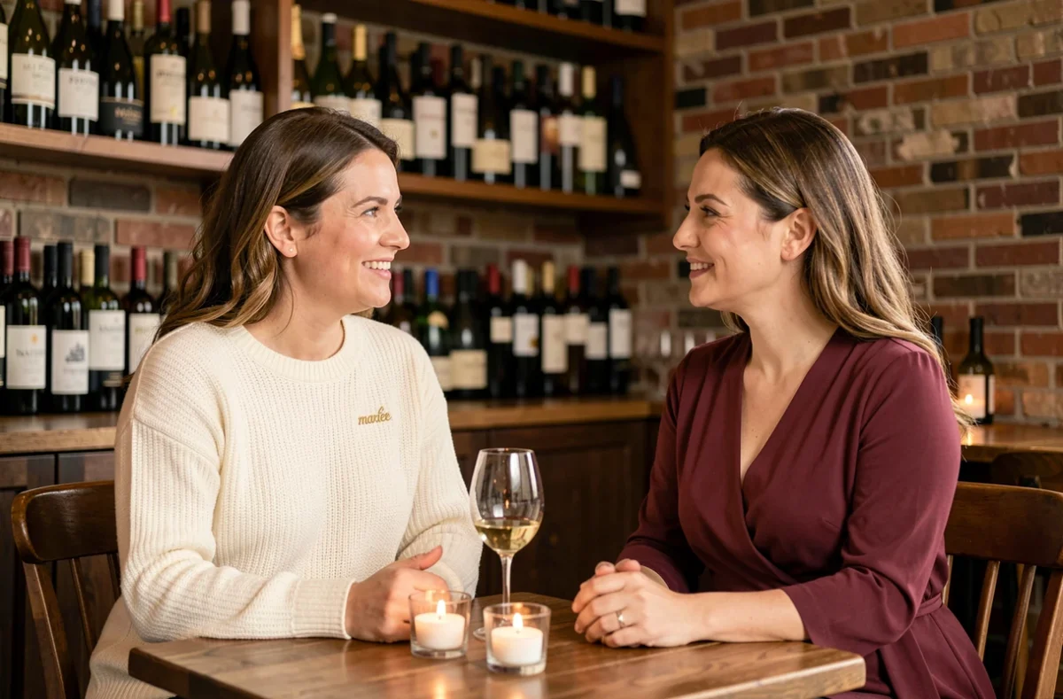 Deux amies dans un bar à vin intimiste pour un EVJF raffiné et sans déguisement