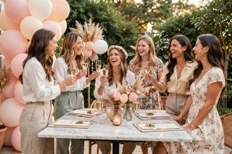 Groupe de femmes élégantes fêtant un enterrement de vie de jeune fille sans déguisements sur une terrasse décorée