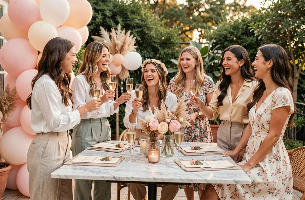Groupe de femmes élégantes fêtant un enterrement de vie de jeune fille sans déguisements sur une terrasse décorée