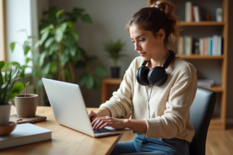 Femme au bureau à la maison choisissant de la musique