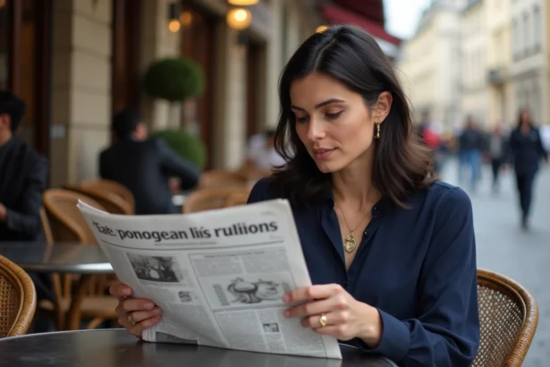 Femme élégante au café parisien avec journal engagement