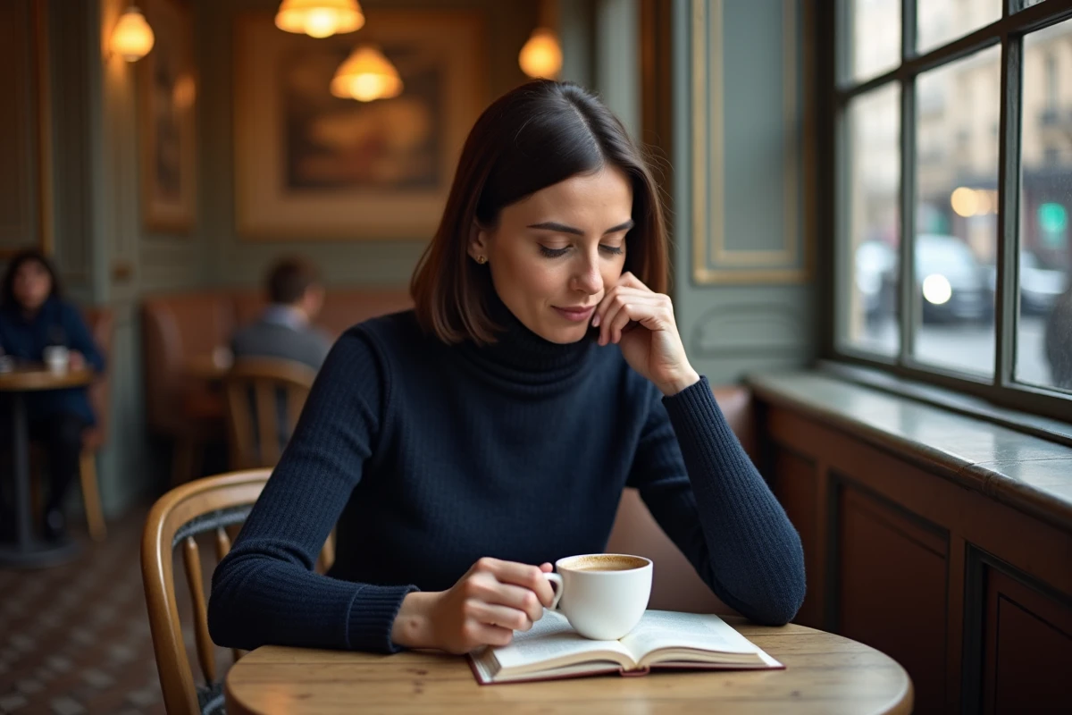 Femme introspective lisant un livre dans un café parisien, symbolisant l'intimité et la vie personnelle préservée d'une personnalité médiatique