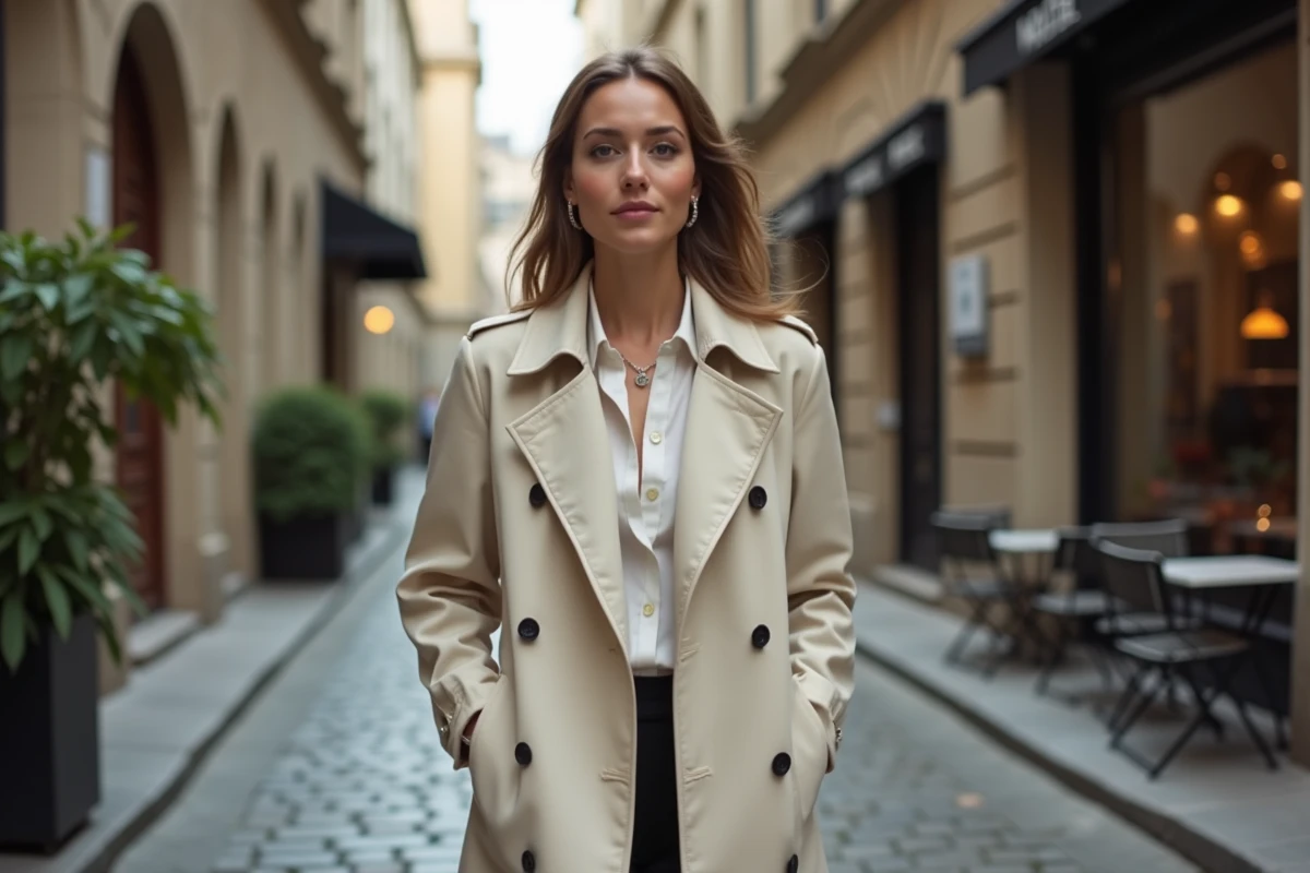 Femme élégante marchant dans une rue pavée historique