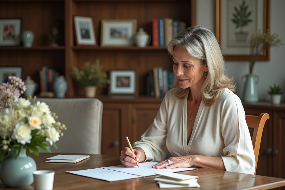 Femme écrivant une carte de mariage avec émotion