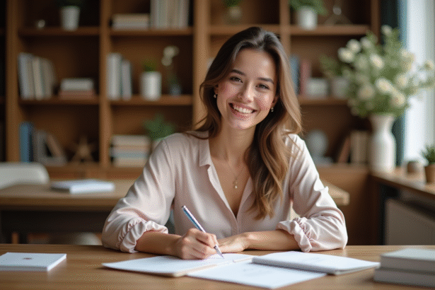 Femme souriante écrivant une invitation de mariage dans un bureau chaleureux