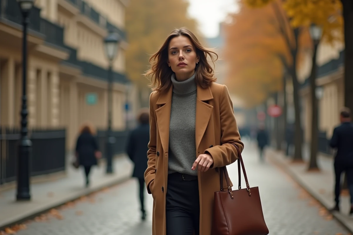 Femme élégante marchant dans une rue parisienne en automne, illustrant la discrétion et la vie personnelle d'une figure publique