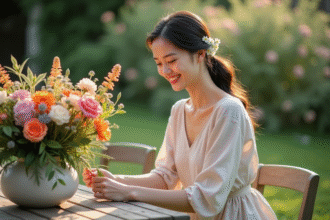 Jeune femme arrangeant un bouquet de fleurs dans un jardin