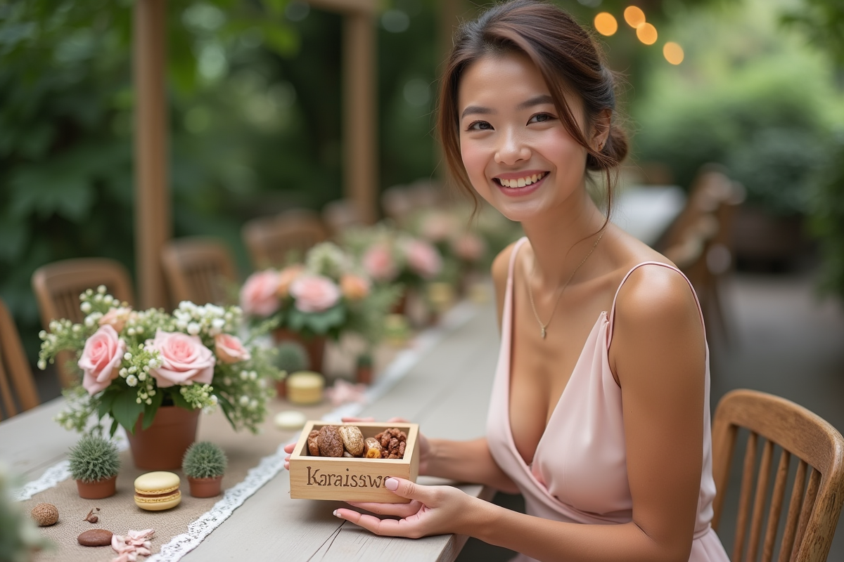 Invitée de mariage souriante dans un jardin