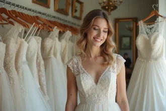 Femme souriante en robe de mariée vintage en boutique