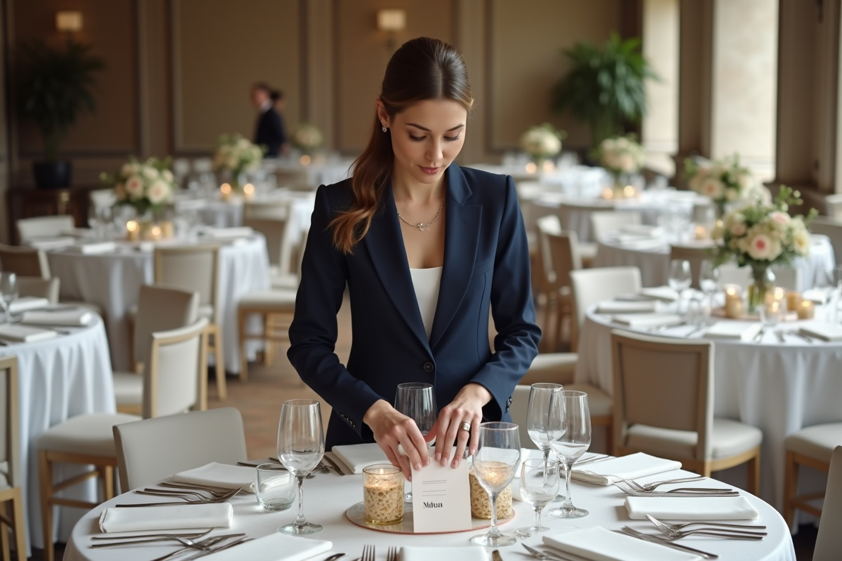 Wedding planner arrangeant des cartes de nom sur une table