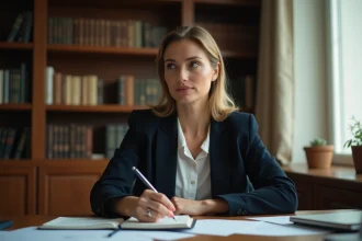 Femme professionnelle pensive assise à un bureau en bois entouré de livres, évoquant la vie privée et l'intimité d'une personnalité publique