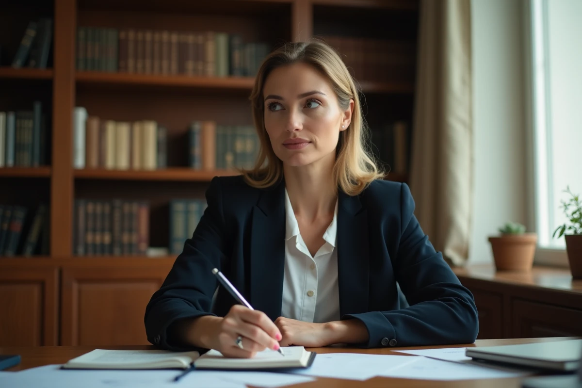 Femme professionnelle pensive assise à un bureau en bois entouré de livres, évoquant la vie privée et l'intimité d'une personnalité publique