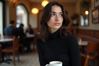 Femme pensive dans un café parisien illustrant les rumeurs et spéculations autour de la vie privée de la chanteuse Yseult