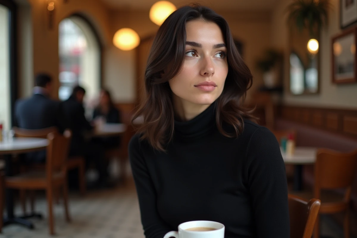 Femme pensive dans un café parisien illustrant les rumeurs et spéculations autour de la vie privée de la chanteuse Yseult