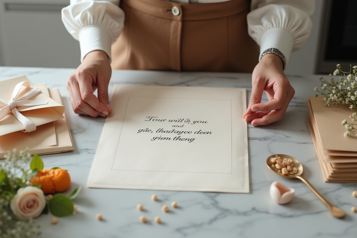 Femme en cuisine préparant des invitations de mariage avec soin