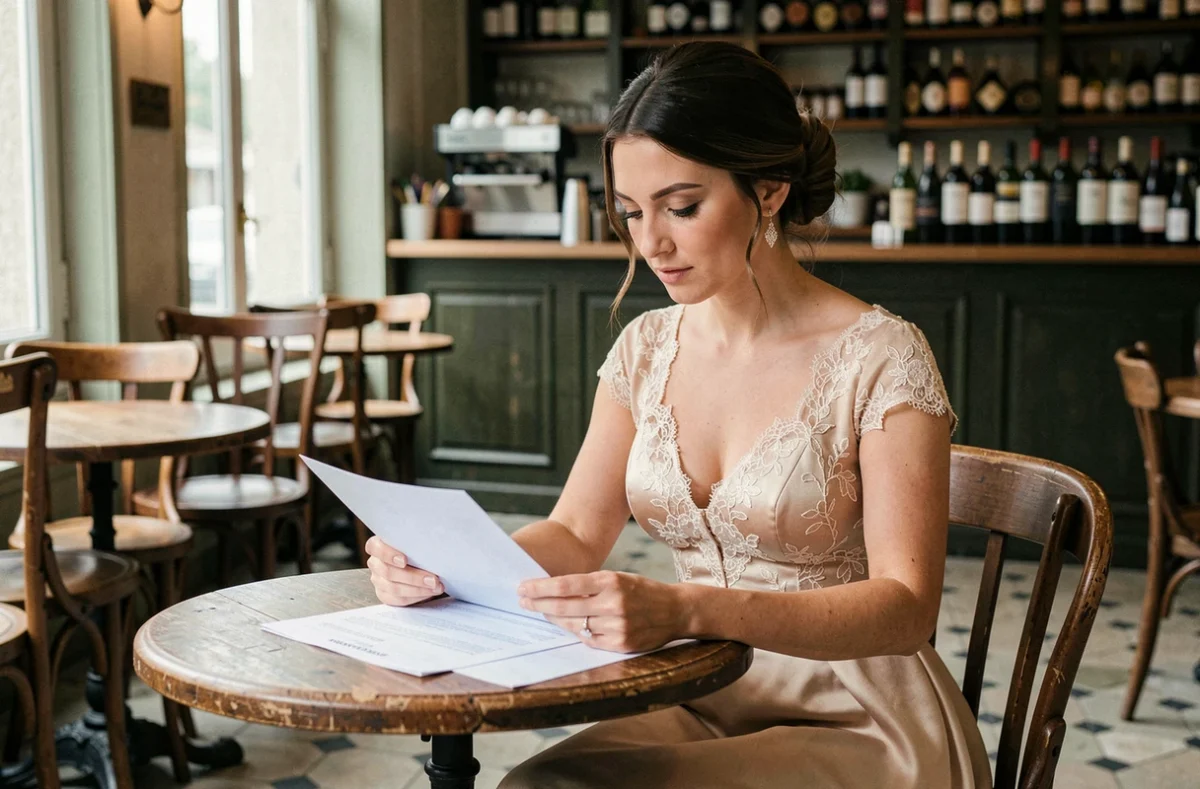 Femme élégante en robe de mariée dans un café parisien, préparation de mariage avec documents sur table en bois