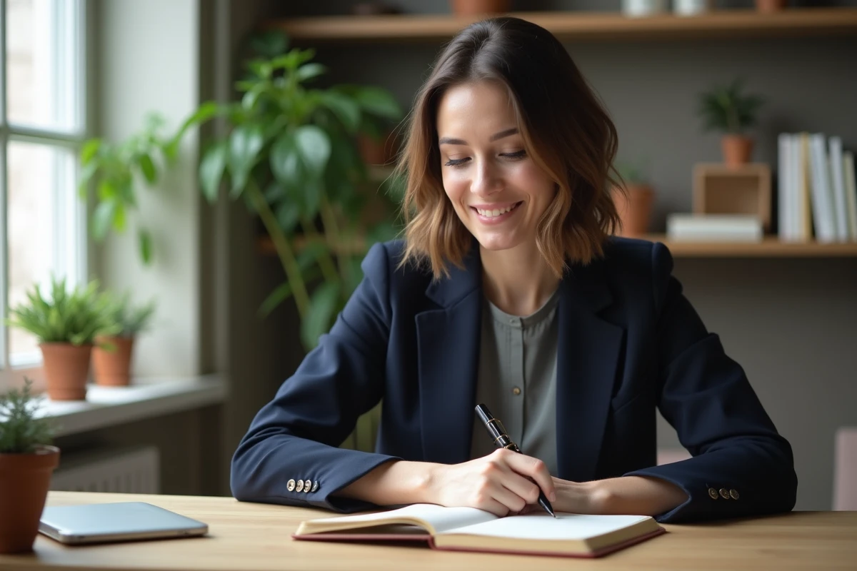 Femme en blazer regardant un journal dans un intérieur moderne