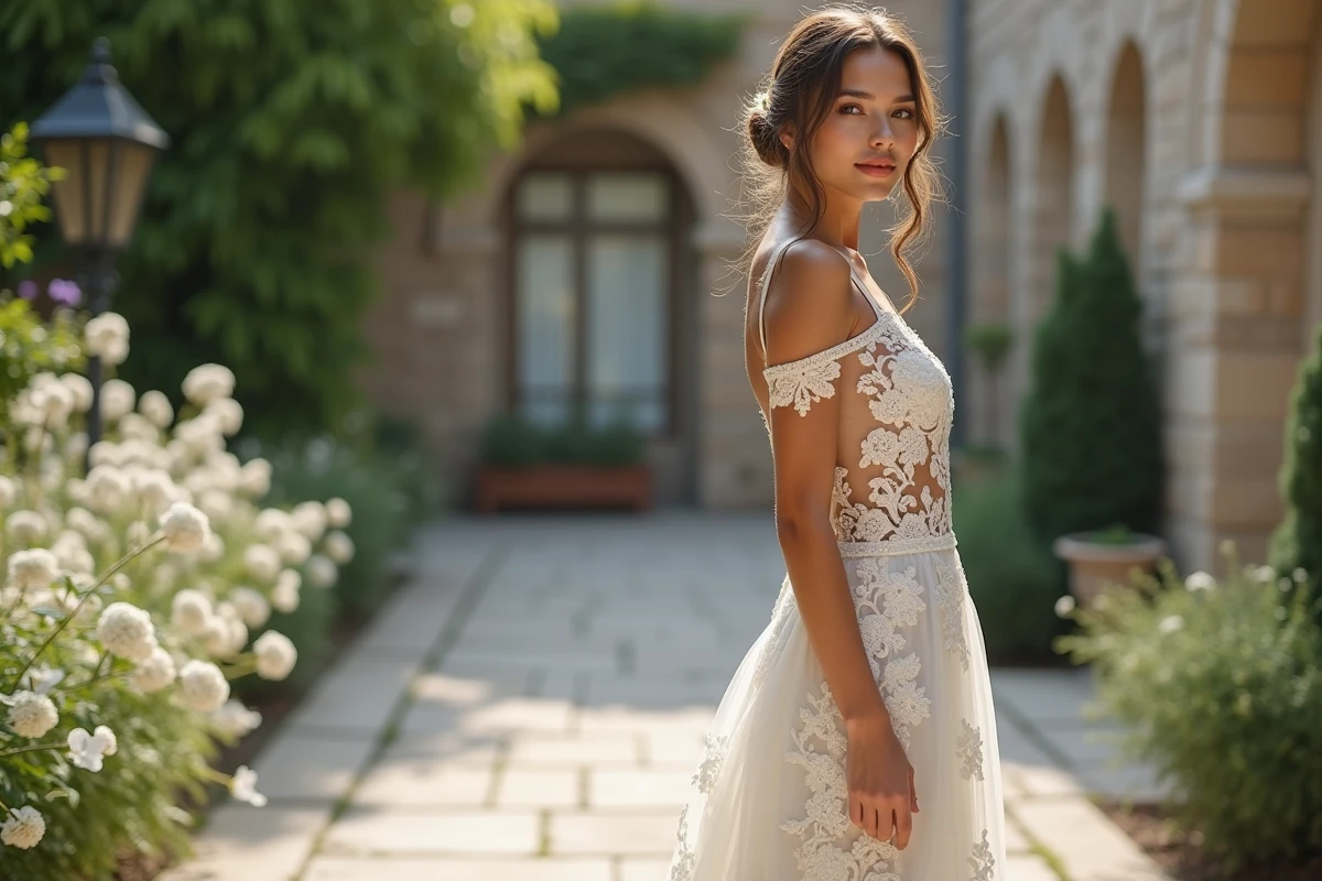 Femme en robe de mariage en dentelle géométrique dans un cadre extérieur
