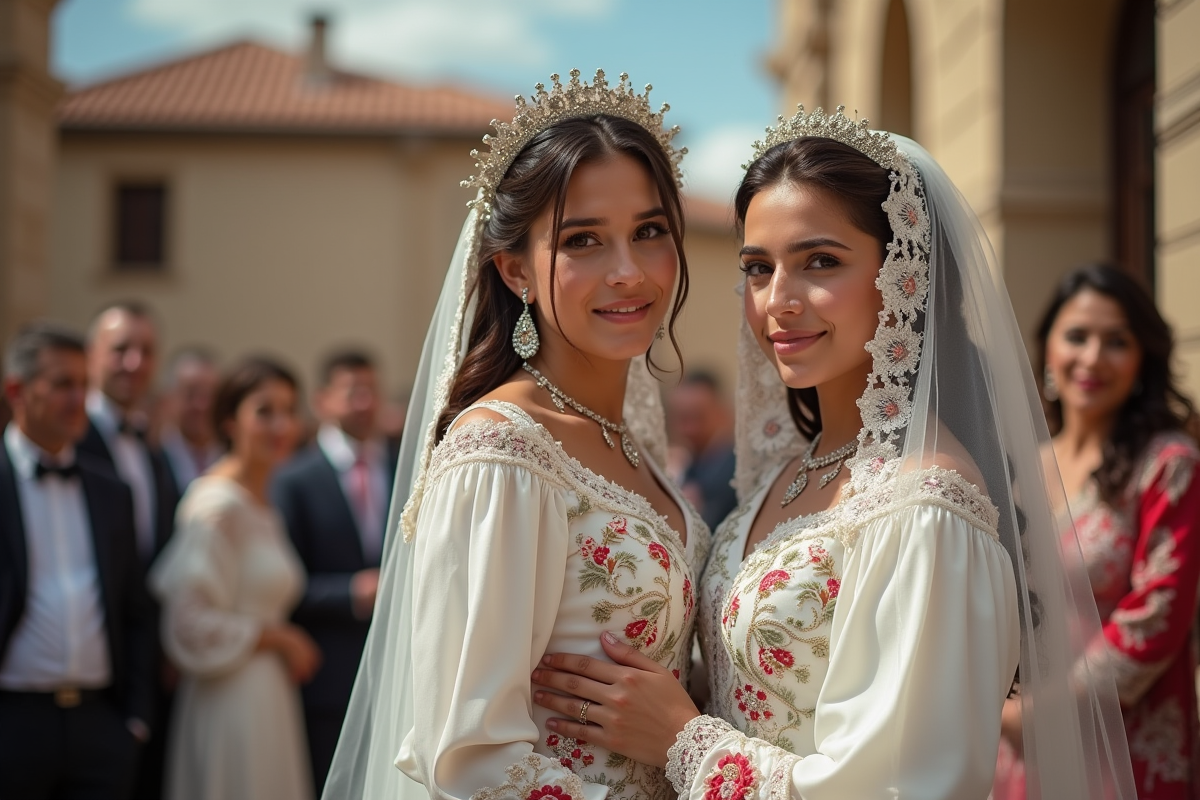 Jeune mariée romani avec sa mère en extérieur