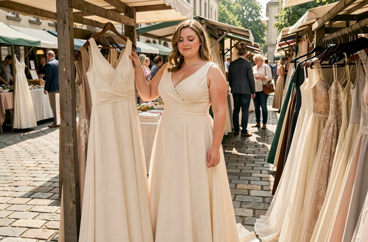 Femme ronde choisissant une robe de mariée d'occasion sur un marché vintage en plein air