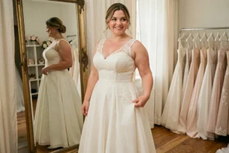 Femme ronde essayant une robe de mariée seconde main en dentelle devant un miroir vintage dans une boutique de mariage