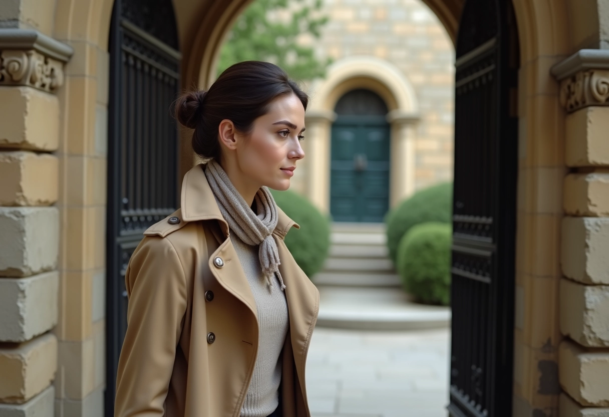 Femme en trench beige sortant d