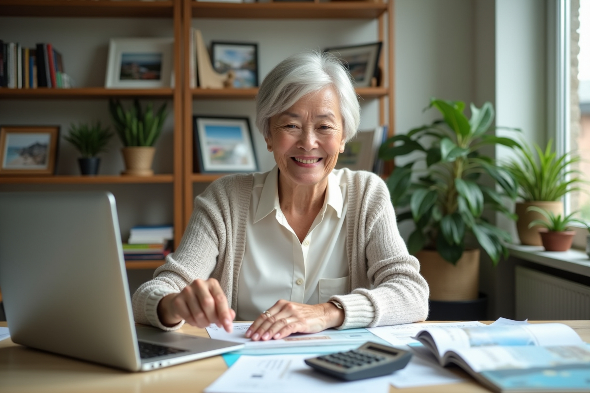 Femme souriante pointant une offre de voyage sur son ordinateur