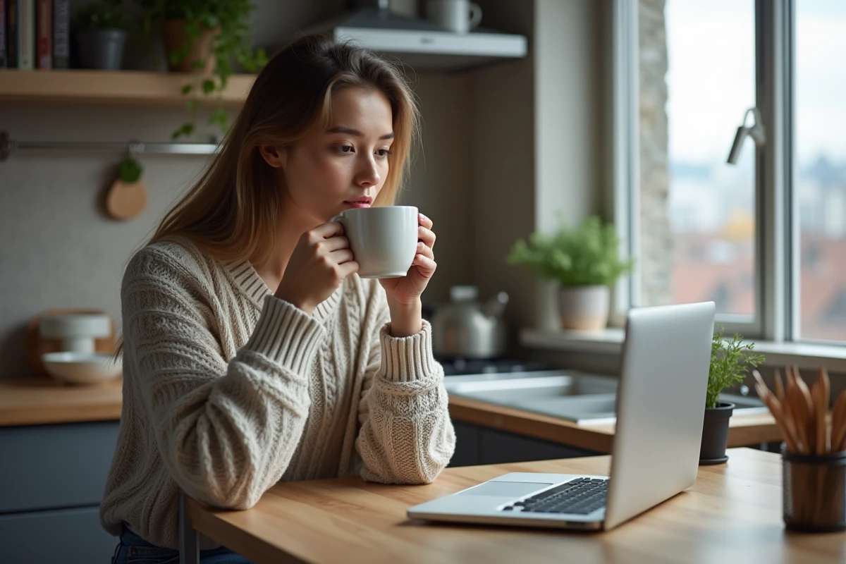 Jeune femme concentrée utilisant un ordinateur portable à la cuisine