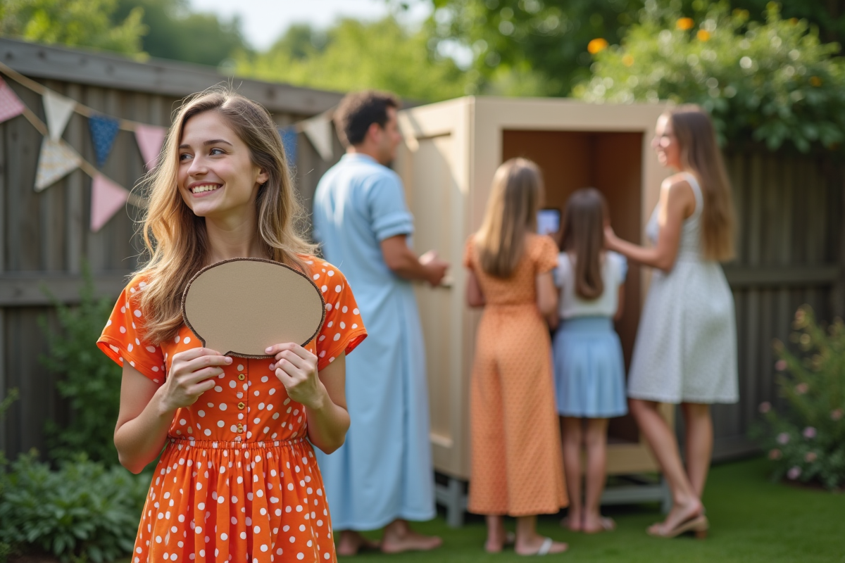 Jeune femme avec panneau dans un photobooth extérieur dans un jardin