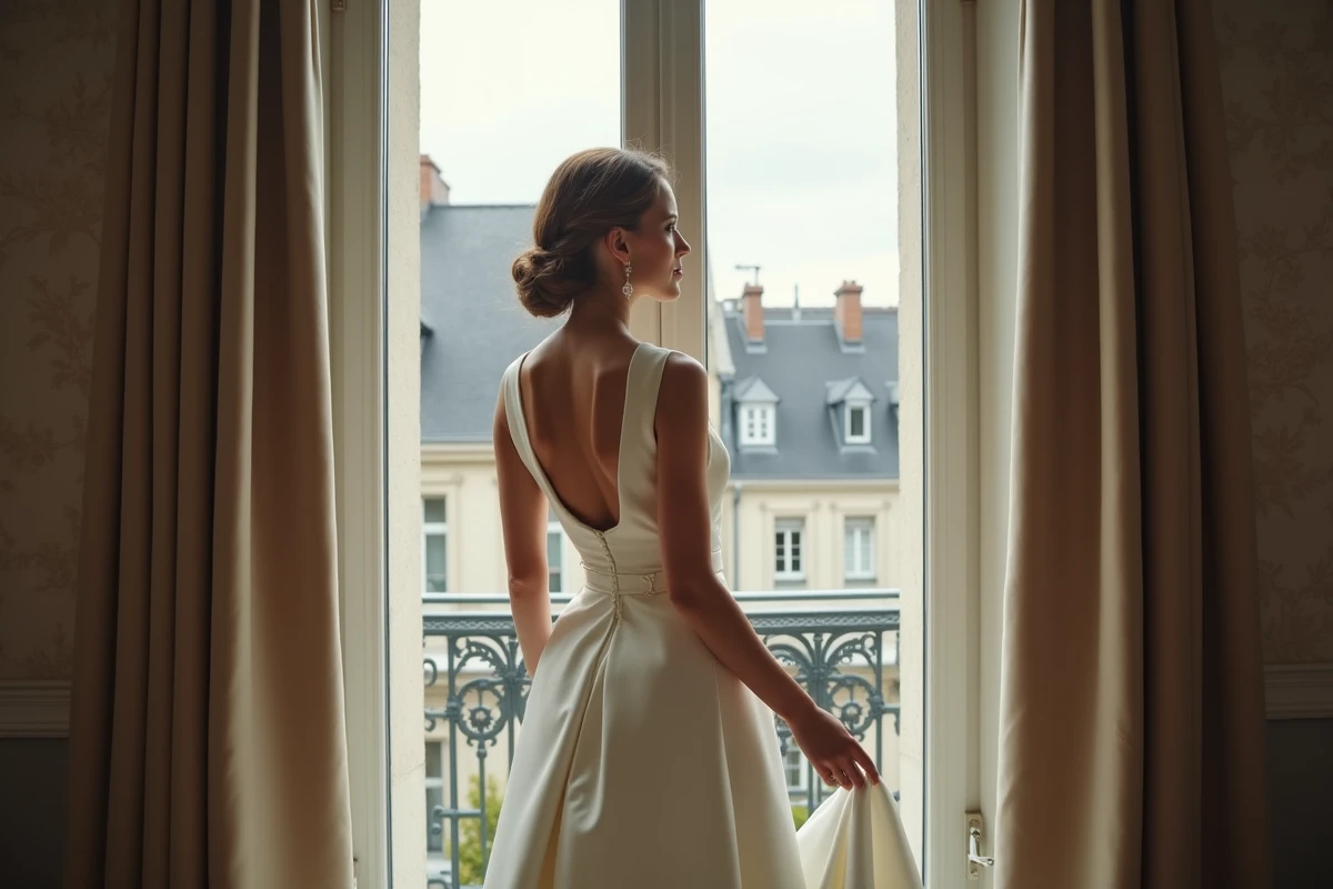 Mariée regardant par la fenêtre dans une chambre lumineuse
