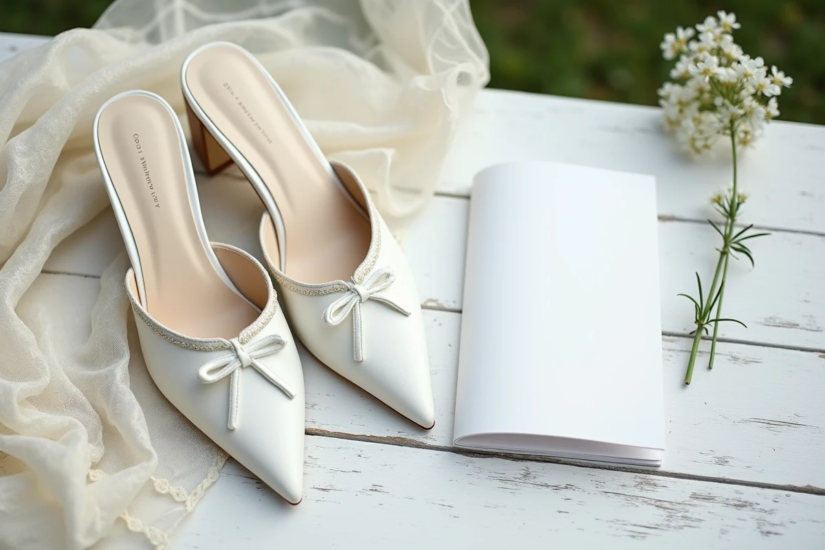 Flat lay de chaussures blanches à talon bloc avec tissu en dentelle ivoire et accessoires de mariage sur bois blanc