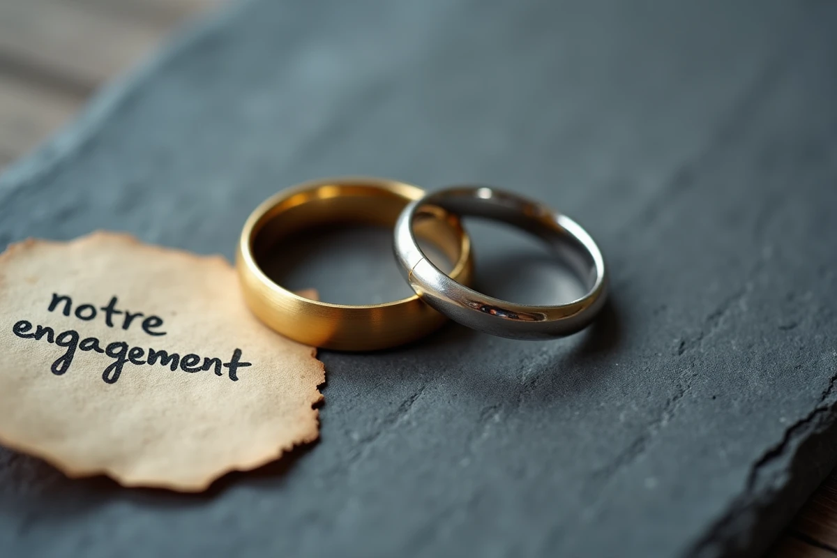 Vue de dessus de deux bagues posées sur une ardoise grise, une alliance en or jaune et une bague de PACS en argent minimaliste