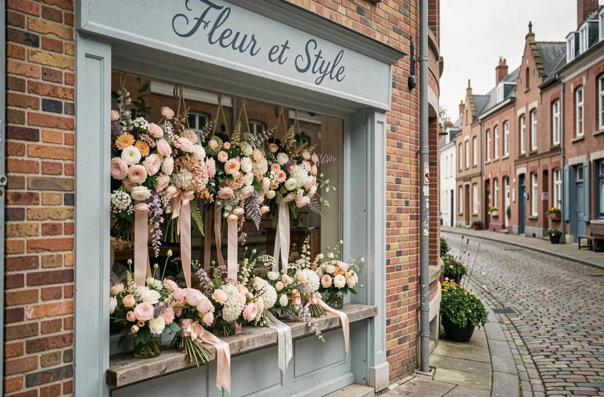 Devanture de la boutique Fleur et Style à Armentières avec bouquets de mariée en blanc et rose pâle dans la vitrine sur rue pavée