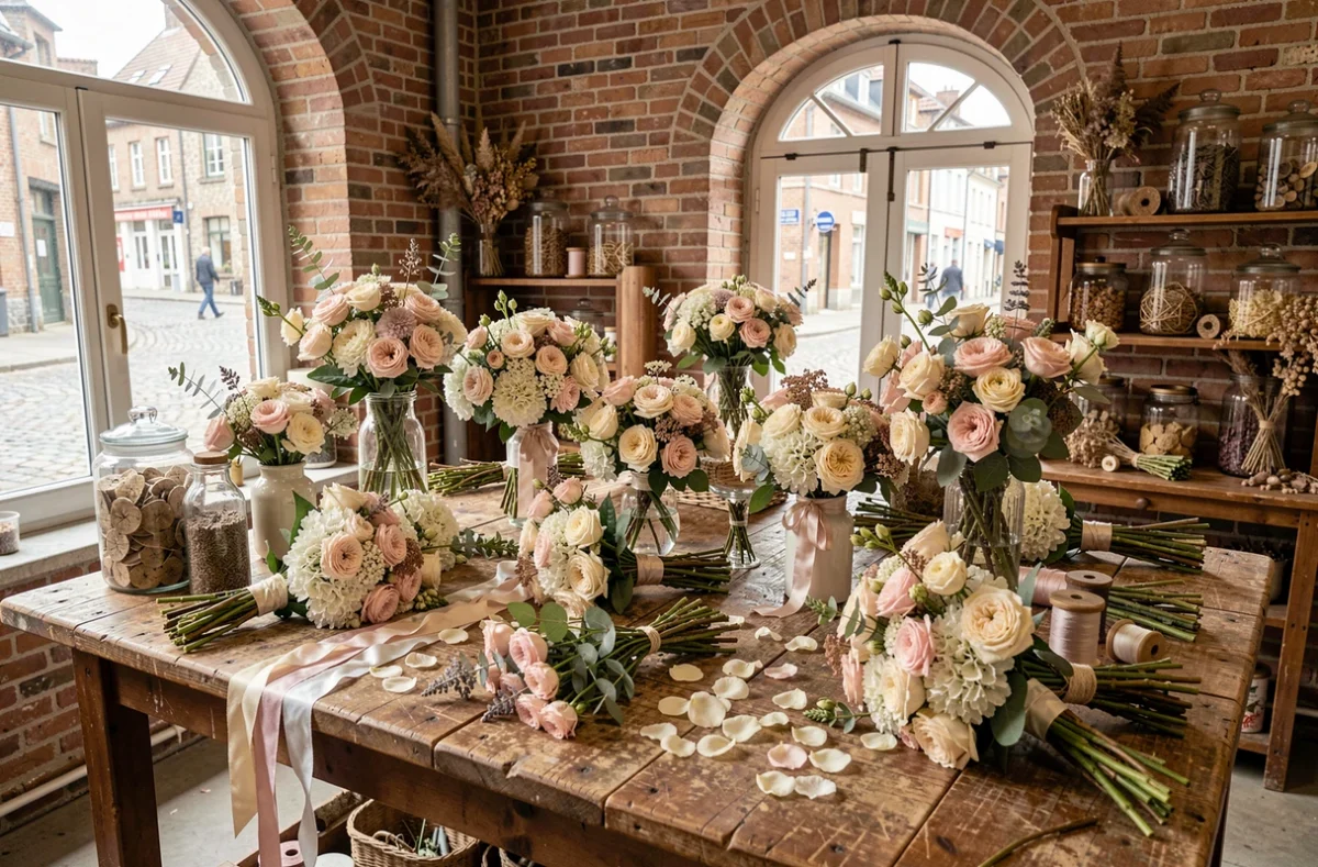 Atelier de fleuriste de mariage dans le Nord avec bouquets et compositions florales sur une table en bois rustique