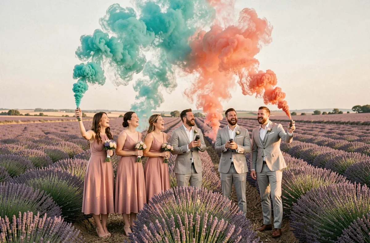 Cortège de mariage tenant des fumigènes colorés teal et corail dans un champ de lavande en Provence, animation festive originale pour célébration nuptiale