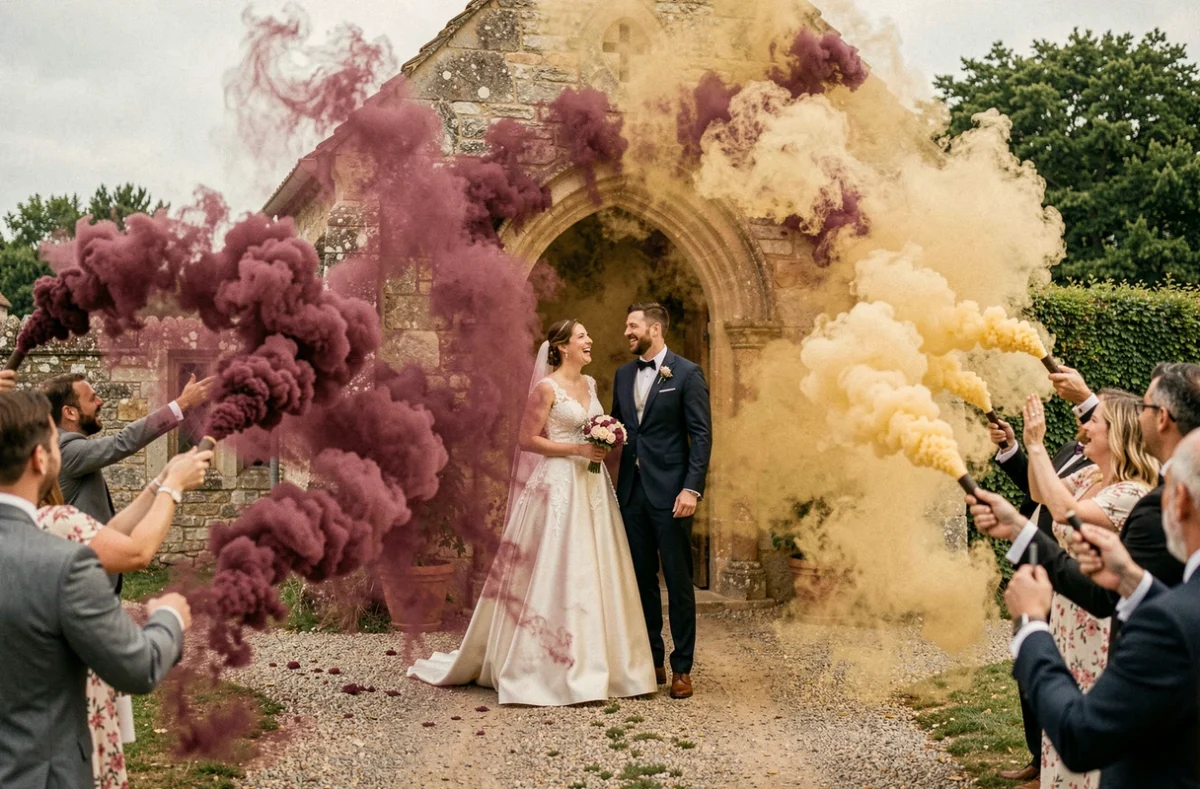 Couple de mariés entouré de fumigènes colorés bordeaux et dorés à la sortie d'une chapelle en pierre, animation originale pour mariage en plein air