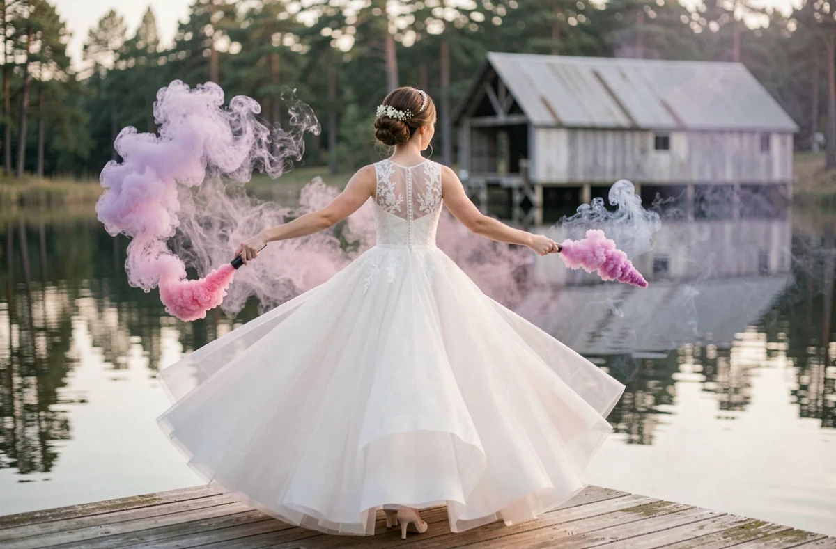 Mariée tenant des fumigènes roses et violets sur un ponton en bois au bord d'un lac, robe en tulle virevoltante pour une animation fumigène poétique et originale