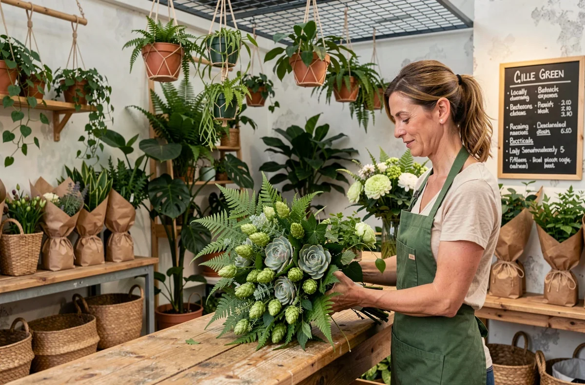Fleuriste Green à Lille arrangeant un bouquet de mariage tout vert avec fougères, herbes et succulentes dans une boutique éco-responsable