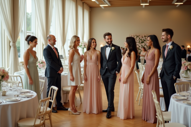 Adultes élégamment habillés lors d'un mariage en intérieur
