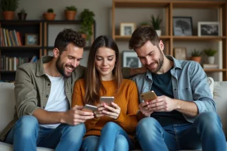 Groupe d'adultes curieux utilisant des smartphones dans un salon