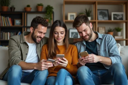Groupe d'adultes curieux utilisant des smartphones dans un salon
