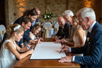 Groupe d'amis signant un livre d'or lors d'un mariage chaleureux