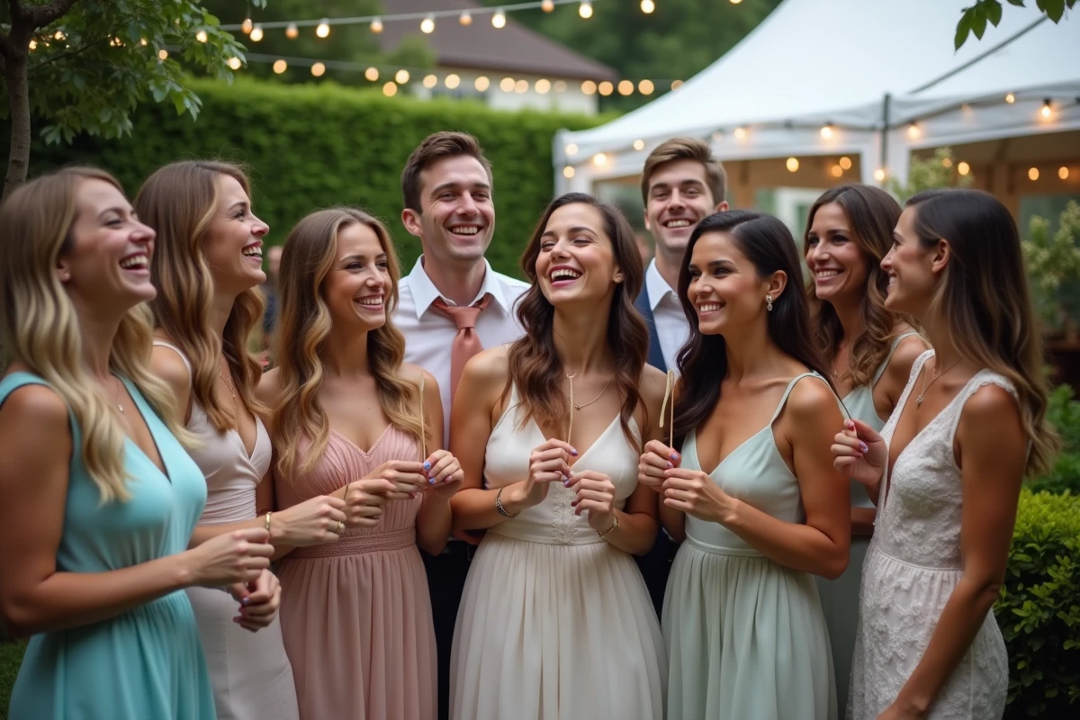 Groupe d invités posant avec accessoires lors d un mariage