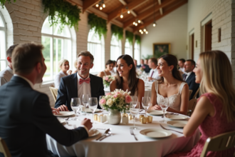 Groupe d'adultes élégants souriants lors d'une réception de mariage