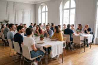 Groupe d invités souriants lors d une soirée parisienne