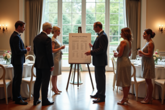 Invités élégants examinant un plan de table à l'entrée