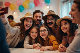 Groupe d'adultes et enfants souriants lors d'une fête avec photobooth