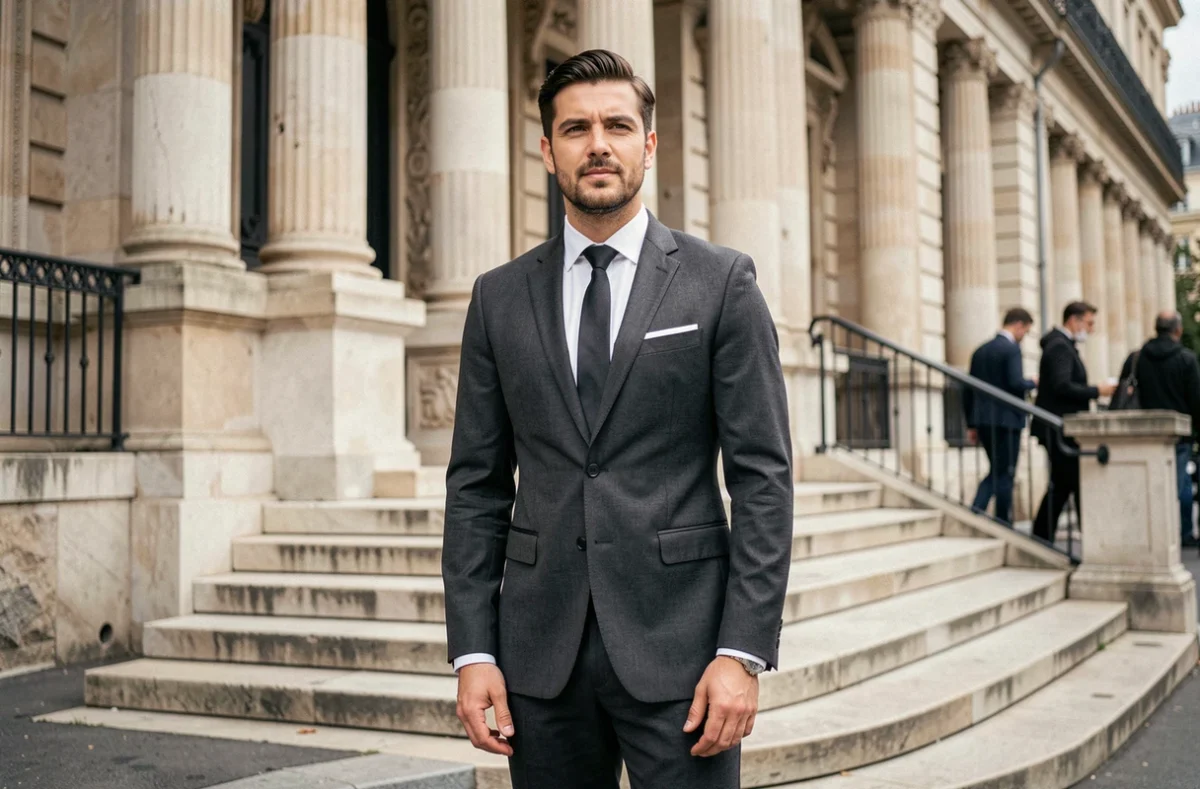Homme en costume gris élégant devant une mairie française, portrait éditorial dans un cadre architectural classique